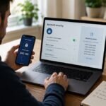 Persona controlla le impostazioni di sicurezza di un account online con telefono, laptop e codici di verifica sullo schermo, senza marchi visibili.