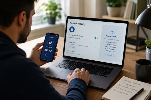 Persona controlla le impostazioni di sicurezza di un account online con telefono, laptop e codici di verifica sullo schermo, senza marchi visibili.