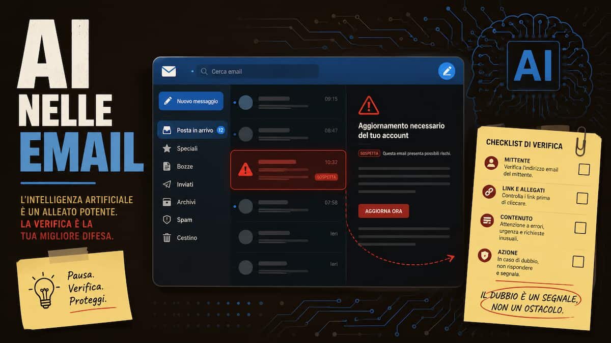 Illustrazione editoriale di una casella email con messaggi sospetti, simboli di intelligenza artificiale e segnali di phishing da verificare.