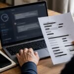 Persona controlla un prompt AI su laptop oscurando dati personali, documenti e credenziali prima di inviarli a un chatbot