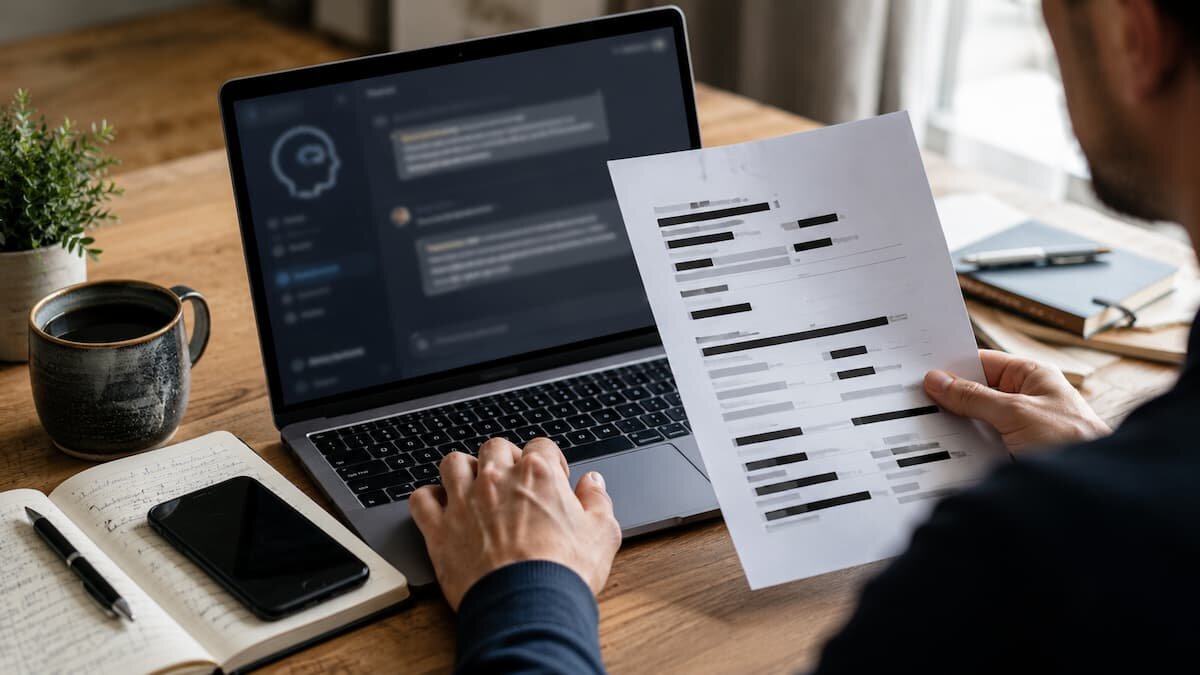 Persona controlla un prompt AI su laptop oscurando dati personali, documenti e credenziali prima di inviarli a un chatbot