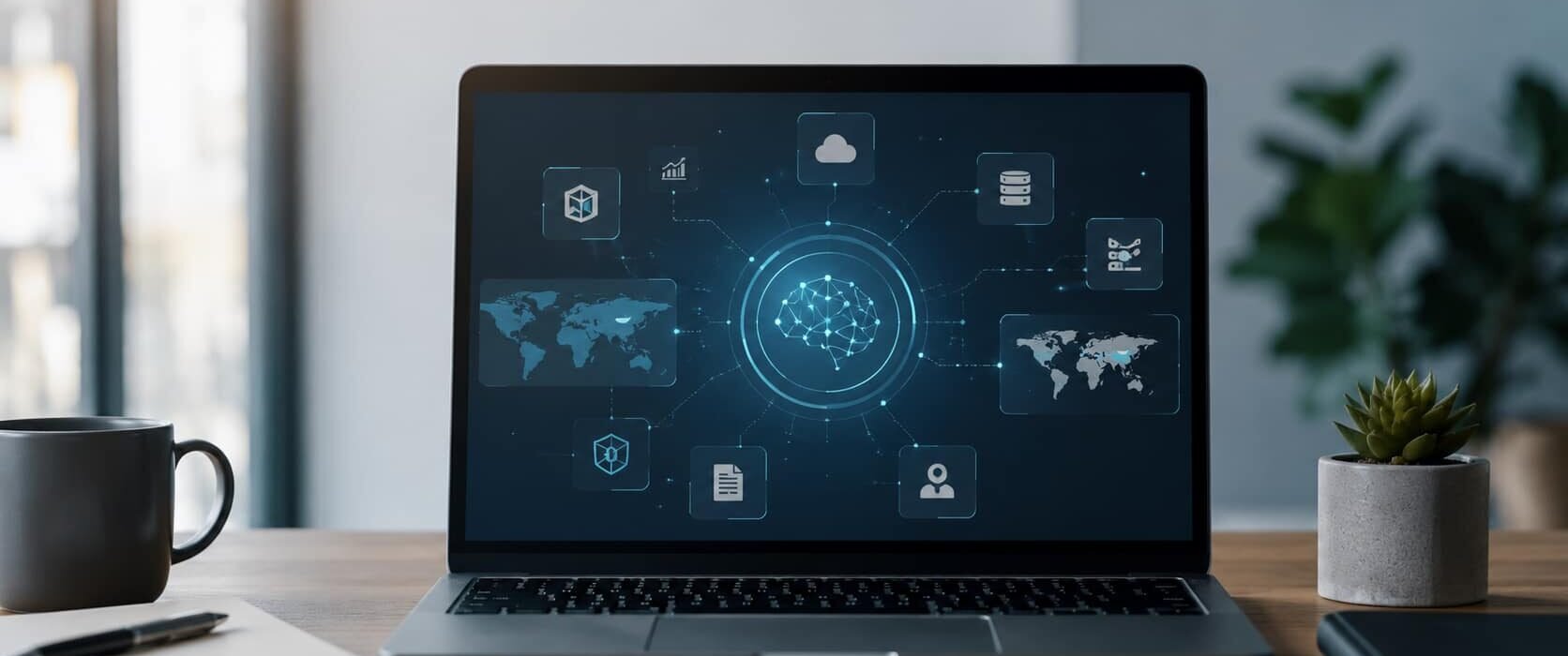 Persona che osserva una dashboard AI con collegamenti tra API, dati, governi e servizi digitali.