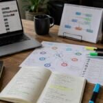 Scrivania di lavoro con laptop, note, mappa delle fonti e registro evidenze per un workflow OSINT aiutato dall'AI