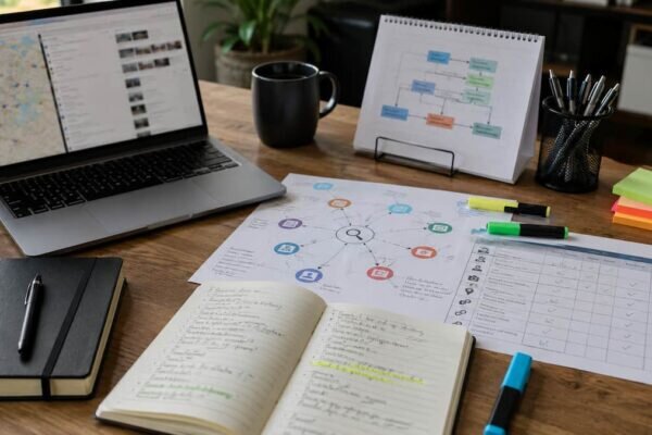Scrivania di lavoro con laptop, note, mappa delle fonti e registro evidenze per un workflow OSINT aiutato dall'AI