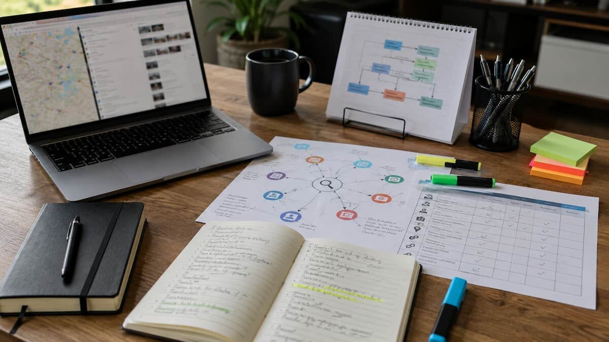 Scrivania di lavoro con laptop, note, mappa delle fonti e registro evidenze per un workflow OSINT aiutato dall'AI