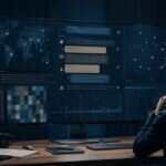 Schermo con trascrizioni AI analizzate come segnali OSINT, dashboard astratta e linee di monitoraggio digitale.