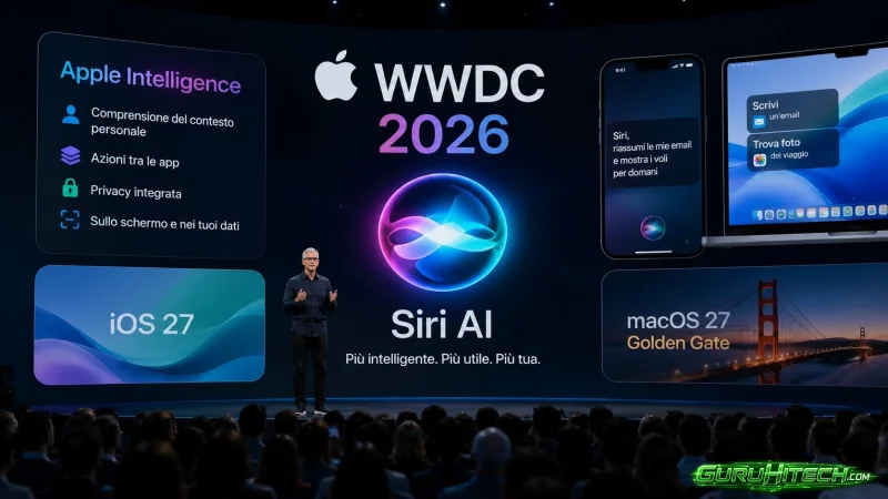 iPhone con Siri AI e icone di email, foto e messaggi collegate ad Apple Intelligence
