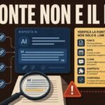 Illustrazione editoriale di una sintesi AI con link, documenti aperti e checklist di verifica delle fonti.