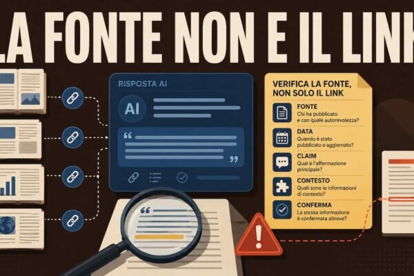 Illustrazione editoriale di una sintesi AI con link, documenti aperti e checklist di verifica delle fonti.