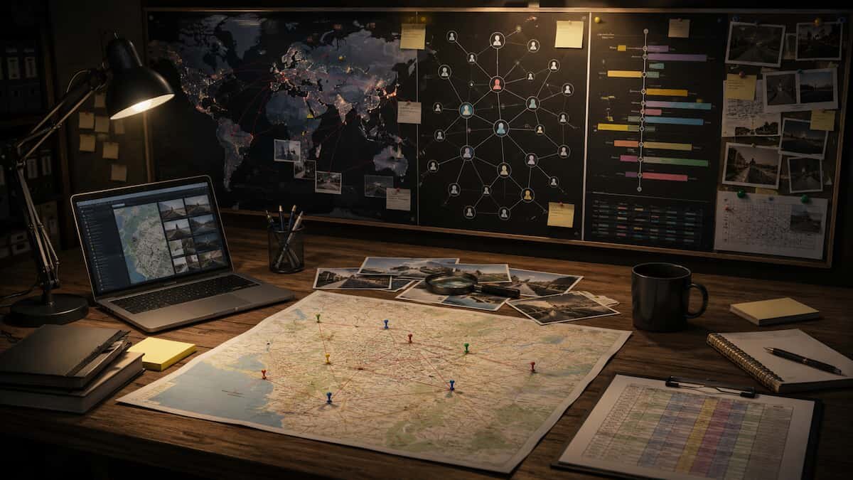 Scrivania investigativa con mappa, grafo, timeline e tabella usati per visualizzare dati OSINT
