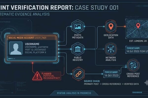 llustrazione editoriale di un flusso OSINT con account social, prove visuali e catena delle fonti.