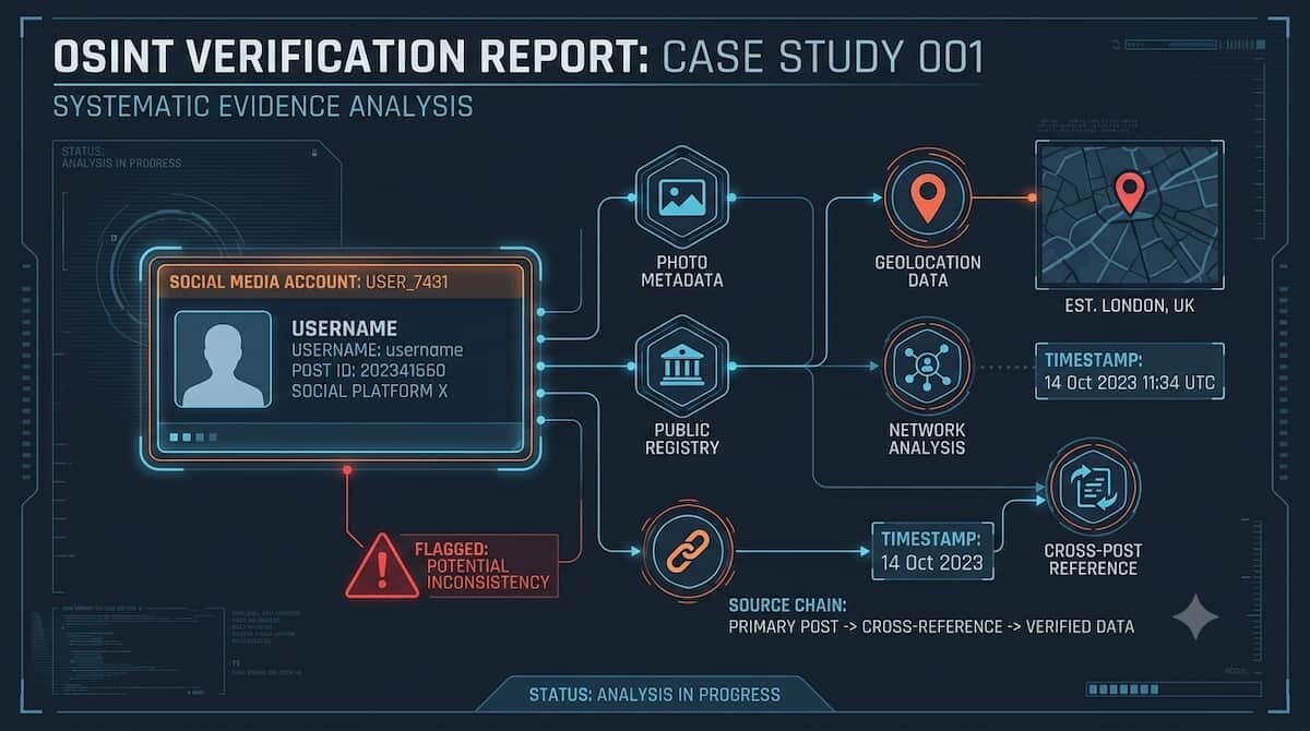 llustrazione editoriale di un flusso OSINT con account social, prove visuali e catena delle fonti.