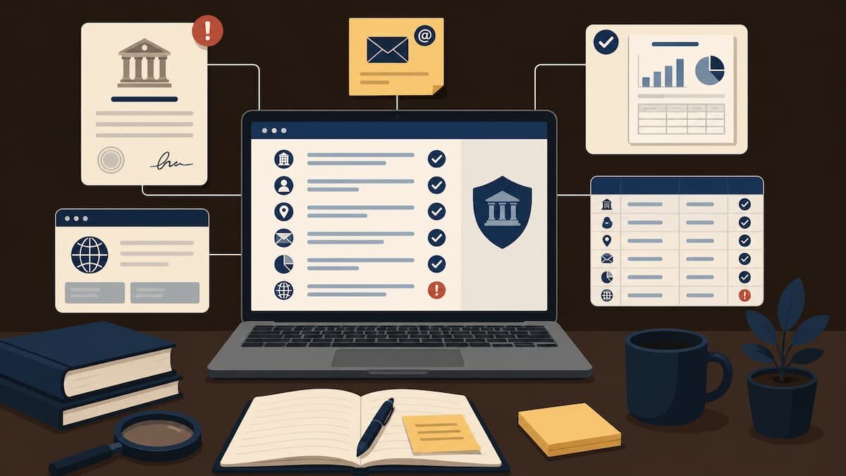 Scrivania con laptop, visura aziendale, tabella di verifica e note per controllare una società con fonti pubbliche.