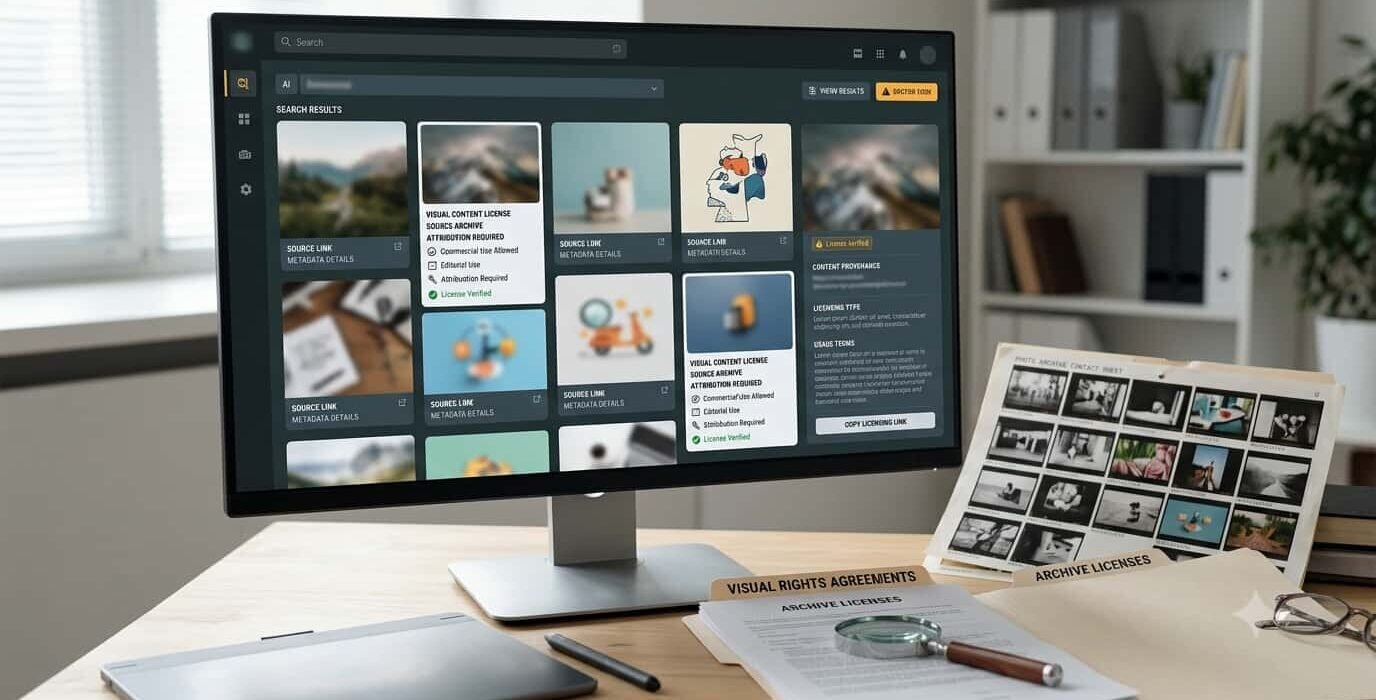 Archivio fotografico digitale con immagini autorizzate, metadati e simboli di attribuzione usati dentro un'interfaccia AI