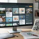 Archivio fotografico digitale con immagini autorizzate, metadati e simboli di attribuzione usati dentro un'interfaccia AI