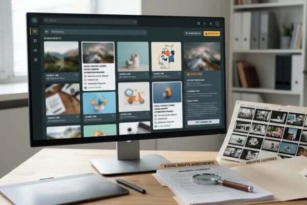 Archivio fotografico digitale con immagini autorizzate, metadati e simboli di attribuzione usati dentro un'interfaccia AI