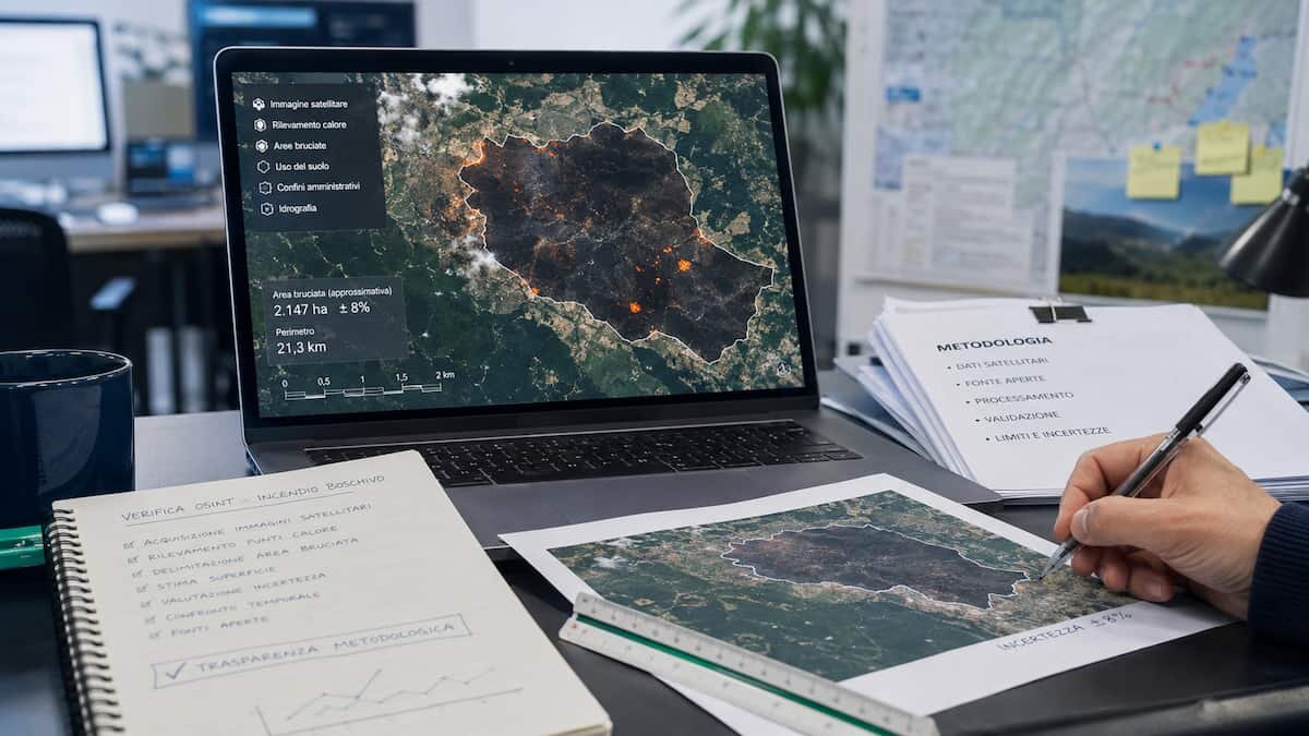 Mappa satellitare e livelli GIS usati per verificare un'area colpita da incendio con dati OSINT aperti
