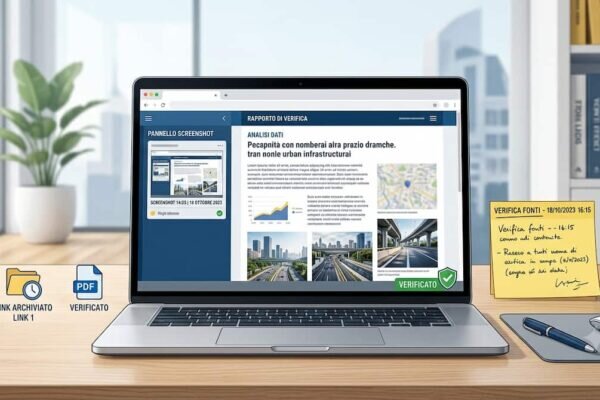 Schermo con pagina web, screenshot, link archiviato e nota con data e fonte per conservare una prova digitale.