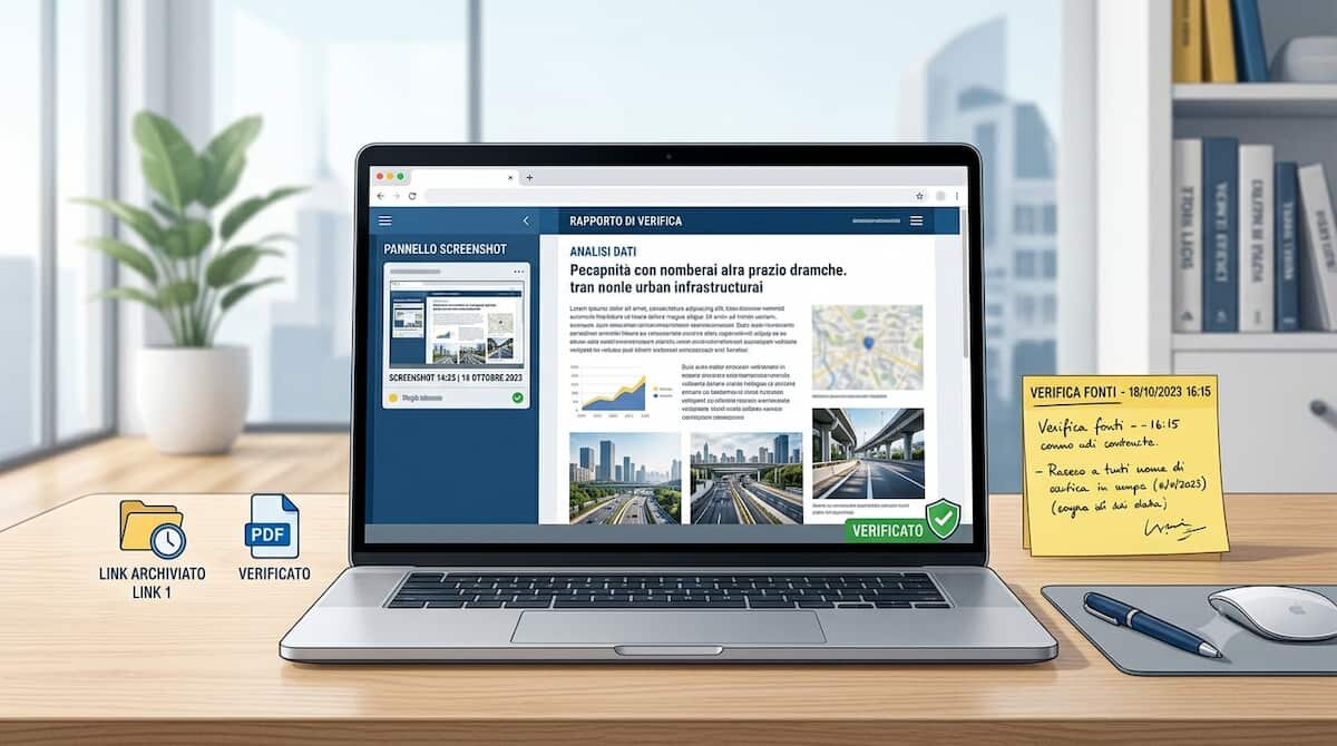 Schermo con pagina web, screenshot, link archiviato e nota con data e fonte per conservare una prova digitale.