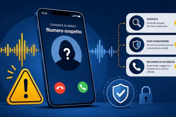 Persona che riceve una chiamata sospetta sullo smartphone con simboli audio e avviso di verifica contro truffe con voce clonata AI.