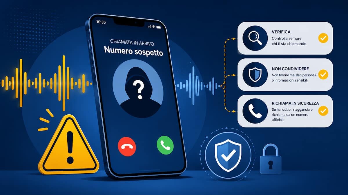 Persona che riceve una chiamata sospetta sullo smartphone con simboli audio e avviso di verifica contro truffe con voce clonata AI.