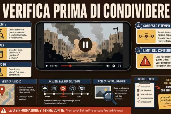 Illustrazione editoriale con un video di guerra analizzato tramite checklist OSINT, mappa, timeline e segnali di verifica prima della condivisione.