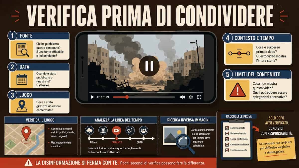 Illustrazione editoriale con un video di guerra analizzato tramite checklist OSINT, mappa, timeline e segnali di verifica prima della condivisione.