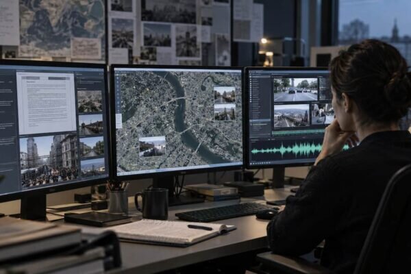 Analista davanti a più fonti digitali mentre confronta modelli LLM per un'attività OSINT
