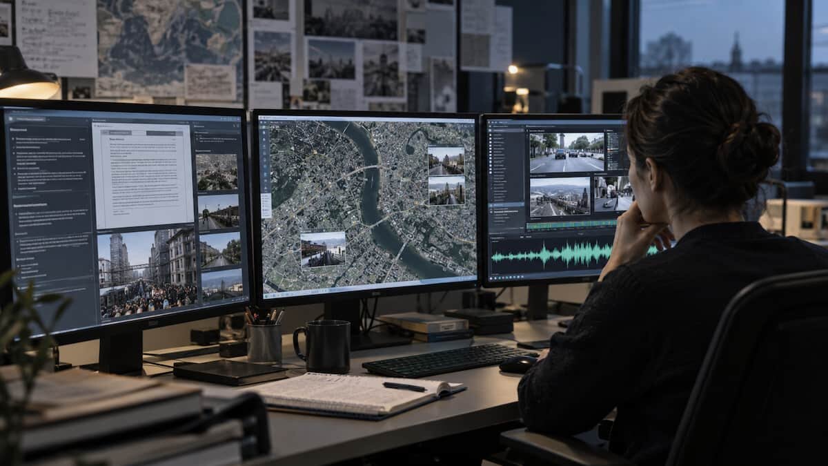 Analista davanti a più fonti digitali mentre confronta modelli LLM per un'attività OSINT